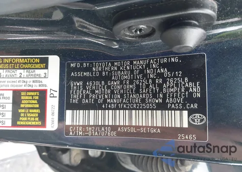 2012 Toyota Camry Xle из США, поврежденный, VIN 4T4BF1FK2CR225055